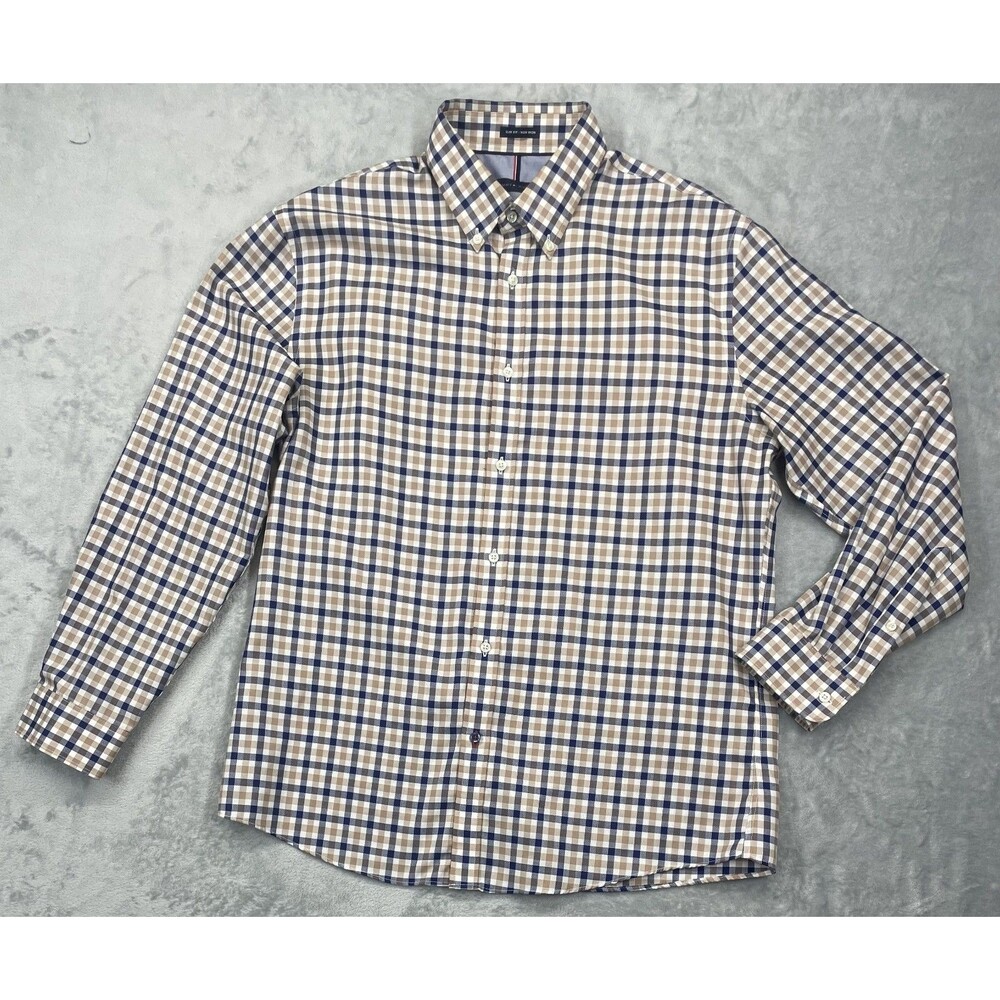 Tommy Hilfiger Navy Khaki Plaid Dress Shirt 16.5 32/33 Slim Fit Non-Iron Cotton